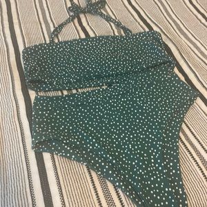Green w/white polka dot bikini set